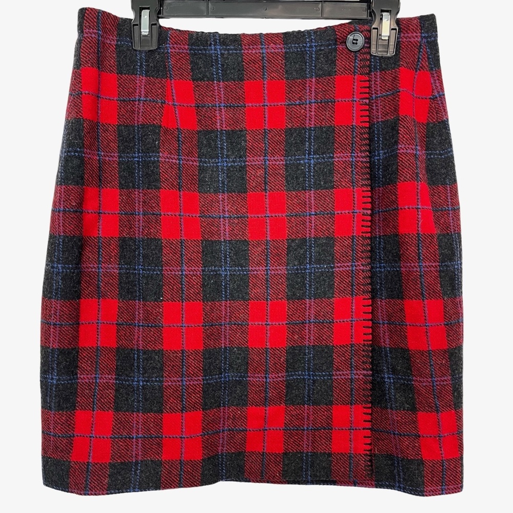 TALBOTS PETITES Vintage Academic Wrap Red Black Blue Plaid Wool Lined Skirt 10 P